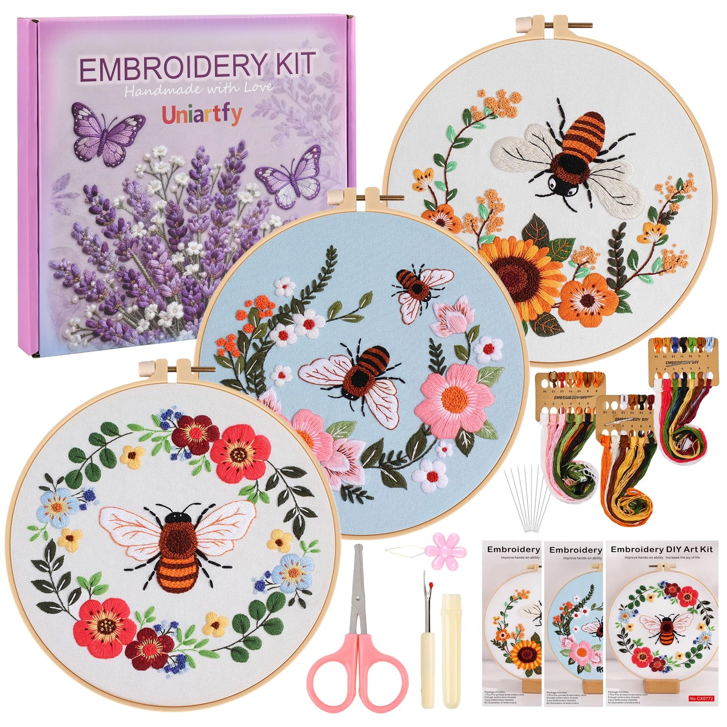 Uniartfy 3 Pack Bee Flower Embroidery Kits for Beginners, Cross Stitch Kit for Adults, DIY Needlepoint with Embroidery Hoop, Tools, Easy to Learn Video & Instructions, Hand Embroidery Starter Kit