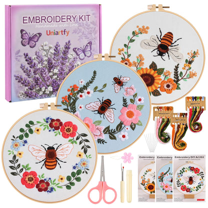 Uniartfy 3 Pack Bee Flower Embroidery Kits for Beginners, Cross Stitch Kit for Adults, DIY Needlepoint with Embroidery Hoop, Tools, Easy to Learn Video & Instructions, Hand Embroidery Starter Kit
