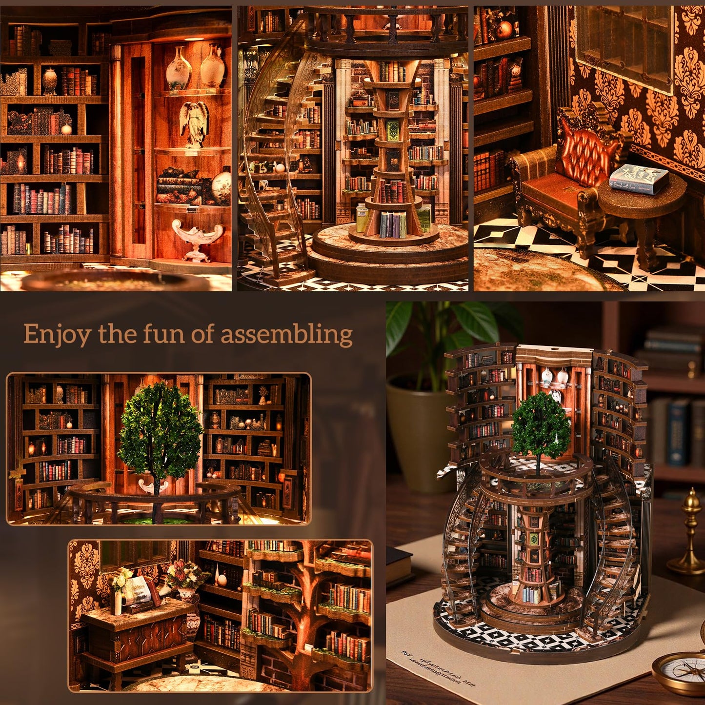 DIY Book Nook Kit with LED Light, Miniature Dollhouse, 3D Wooden Puzzle, Bookshelf Insert Decor Craft Gift (Wisdom Rings Book Repository)