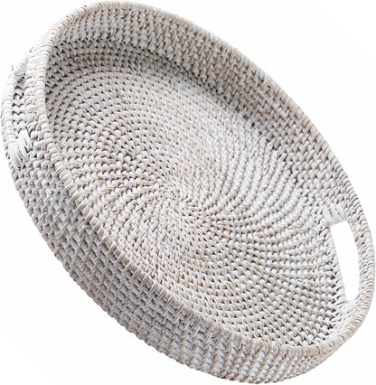14 Counter JUNGLE CULTURE Handmade Round Wicker Tray Whitewashed Large Decorative Rattan Serving Basket for Coffee