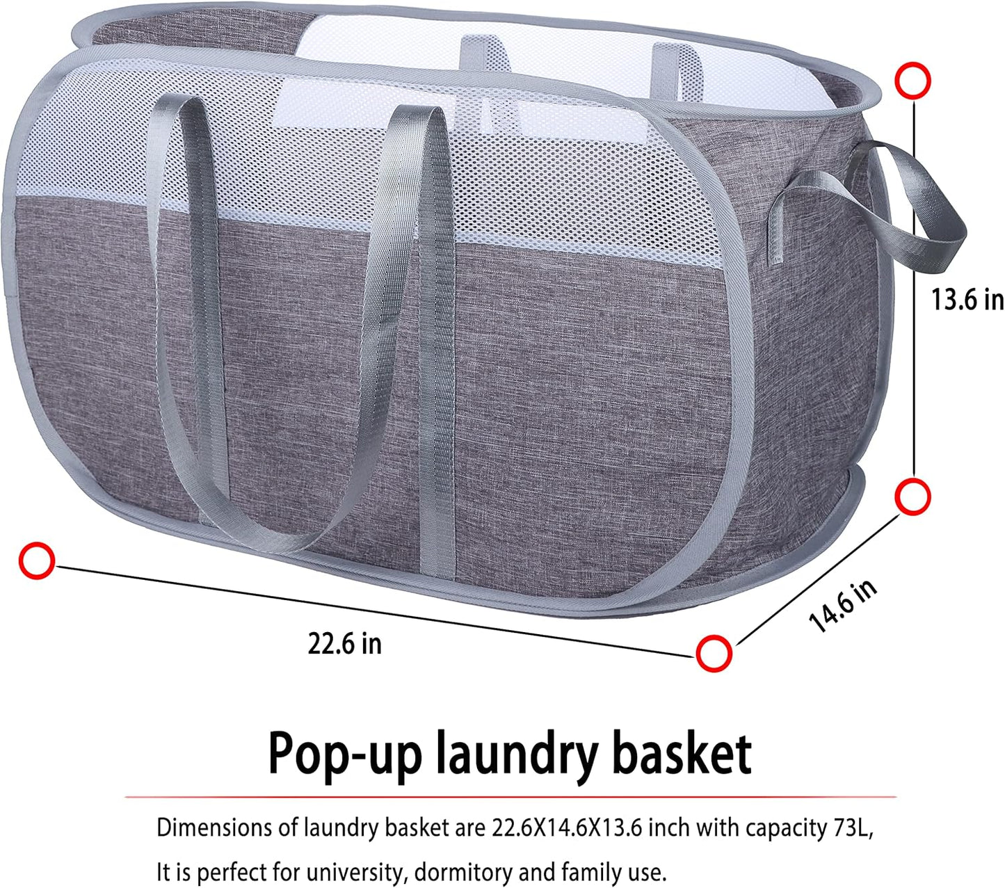 Pop Up Laundry Hamper with Durable Handles, Collapsible Basket for College Dorm, Kids Room, Travel (Blue+Gray)