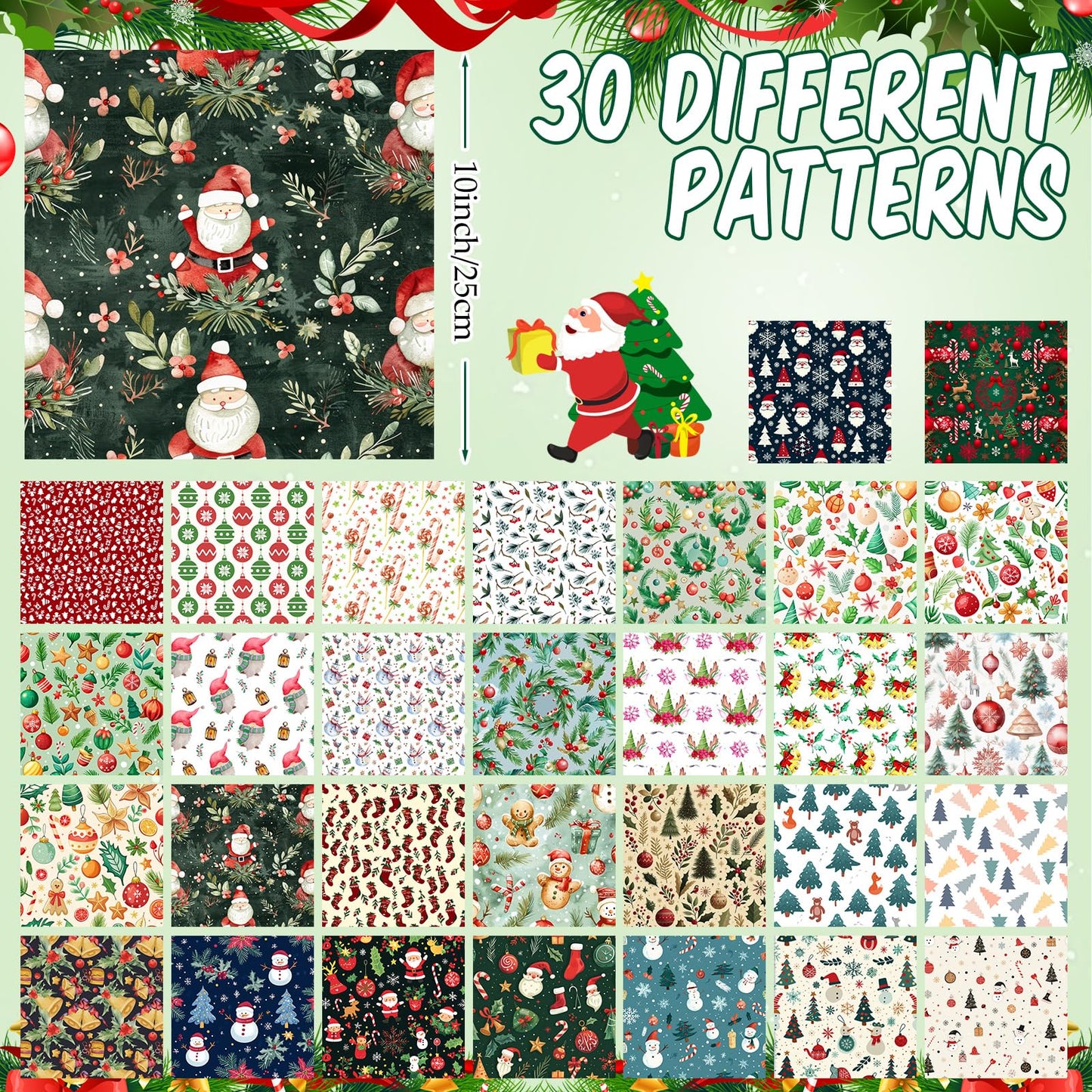 Tatuo 30 Pcs 10 x 10 Inches Christmas Cotton Fabric Bundle Squares Patchwork Floral Fabric Sewing Quilting Bundles Assorted Pattern Cloth for DIY Scrapbook Craft Making