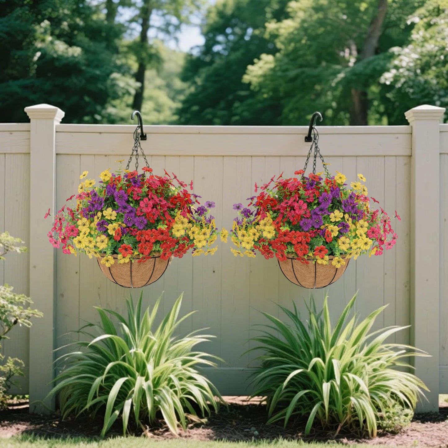 Senjie 2 Set Artificial Hanging Flowers with Basket for Outdoor Decor, UV Resistant 24 Bundles Faux Flowers Fake Hanging Planter for Porch Patio Balcony