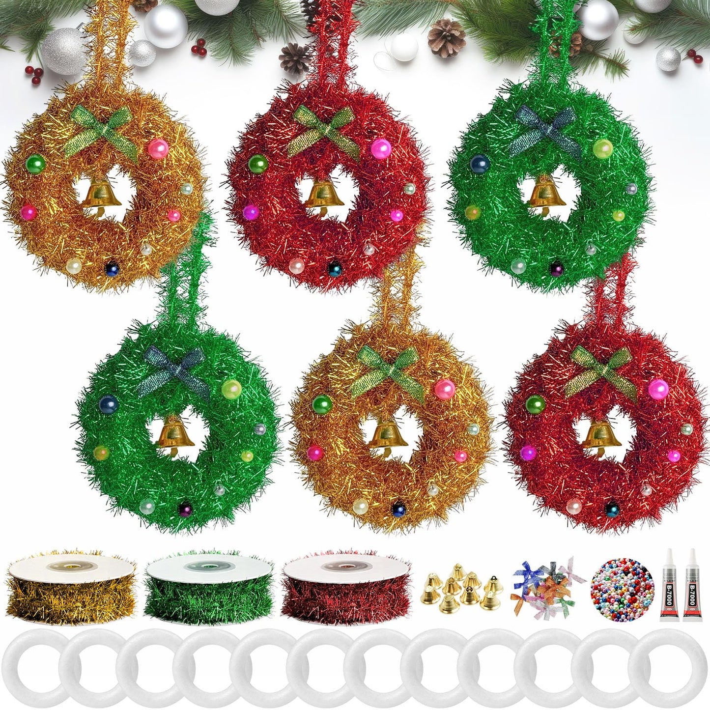 Cinrobiye 12 Set Christmas Wreath Craft Kits DIY Winter Christmas Tree Hanging Wreath Ornament Decorations Kit Xmas Crafts for Holiday Christmas Home Classroom Party Activities Project