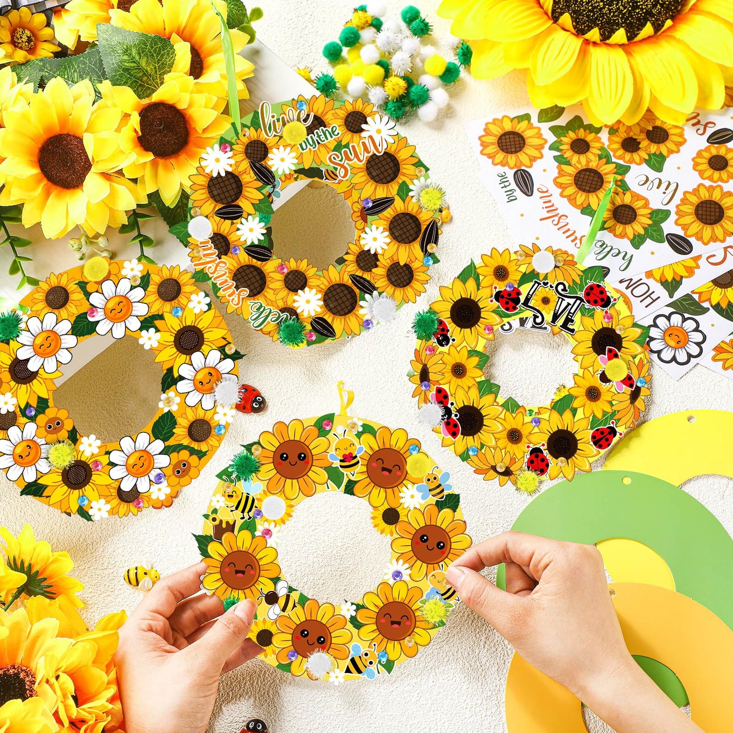 Hollowfly 48 Sets Sunflower Craft Kits DIY Spring Wreath Hanging Ornaments Make Your Own Paper Summer Craft with Bee Daisy Stickers for Home Summer Activities Party Decor