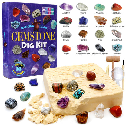 DANCING BEAR Gem stone Dig Kit, Excavate 16 Real Gems & Crystals including Arrowheads, Quartz Point and Amethyst, STEM Education for Kids, Fun Rock Mining Science Activity Gift Sets for Girls and Boys