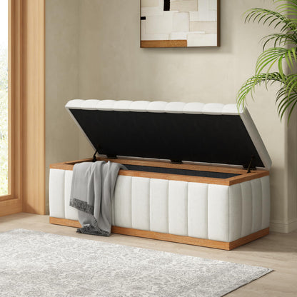 Christopher Knight Home Kira Living Room Ottoman with Storage, Linen Upholstered Storage Ottoman Bench with Channel-Tufted Design, Wood Frame Sofa Foot Stool, Bedroom End of Bed Bench, Beige