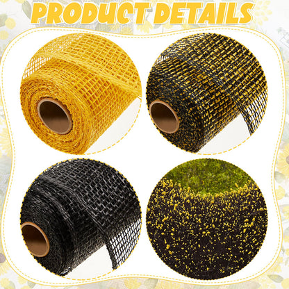 Yuxung 10 Pcs Poly Burlap Mesh 10 Inch and Disc Florets of Sunflower Center Set Wreath, Includes 5 Roll Black Yellow Mesh and 5 Pcs Foam Sunflower Head for DIY Bee Wreath Decoration Party Supplies