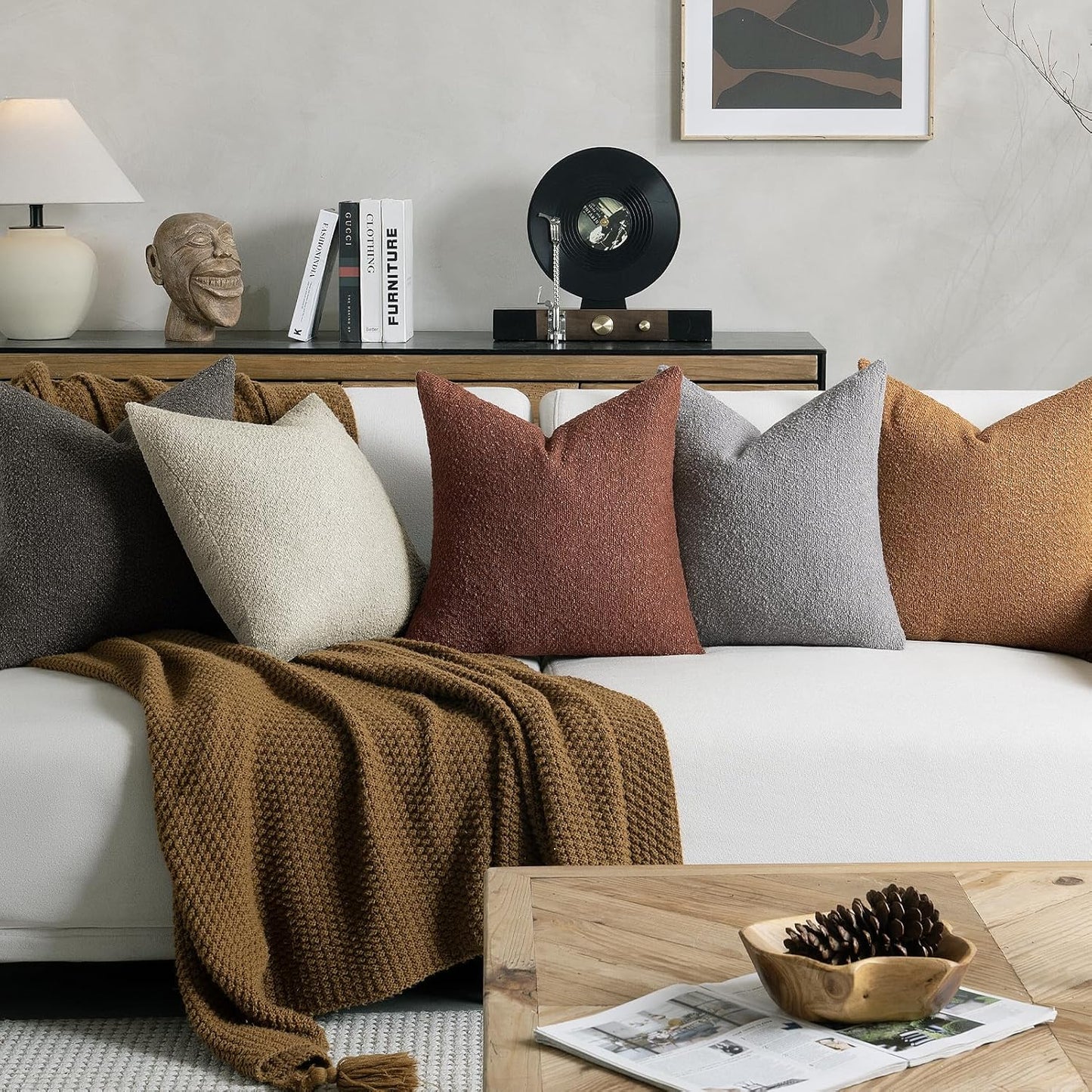 22 22 Inch Set 2, Cozy Throw Pillow Covers x of Beige Decorative Accent Solid Boucle Textured Pillow Cover, Neutral