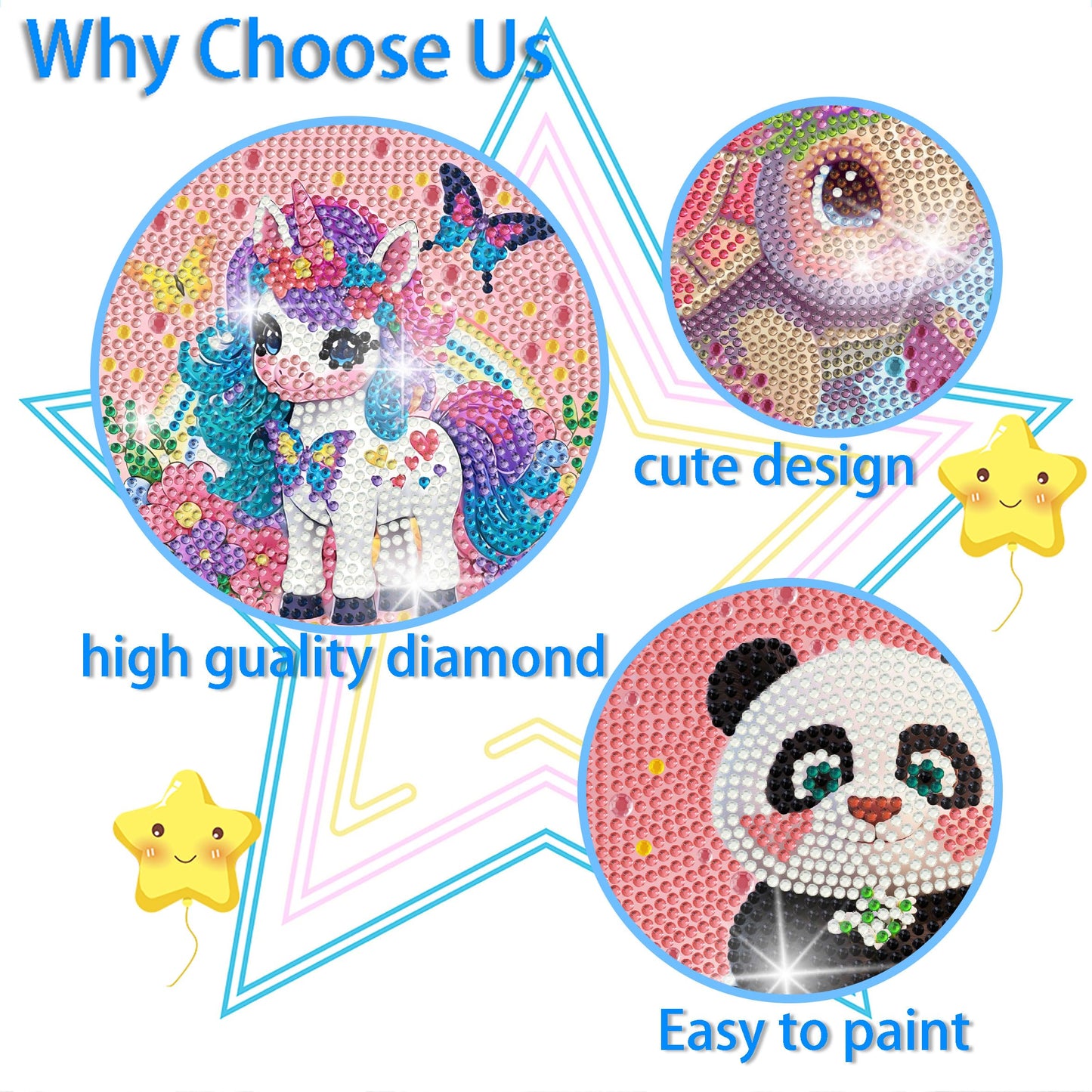 Bzconxin 6 Pieces Cartoon Animals Diamond Painting Kits for Kids Beginners,Diamond Art for Kids Ages 6-12 Girls Boys,5D Full Round Drill Big Gem Arts and Crafts for Home Wall Decor 6x6 Inch