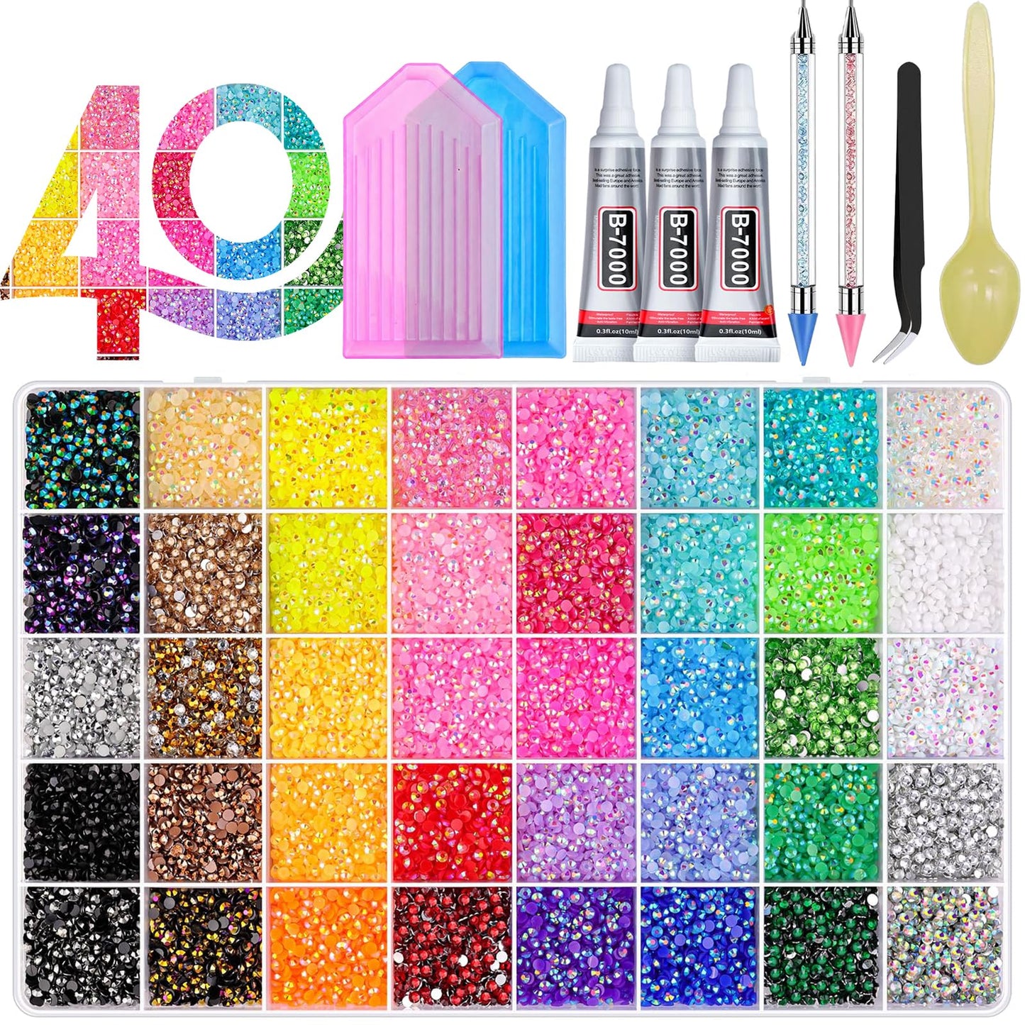 HiOKOU 36000Pcs 40 Colors Jelly Rhinestones for Bedazzling, 3MM Bedazzling Kit with 3Pcs 10ml B7000 for Diamond Art, Diamond Art Accessories