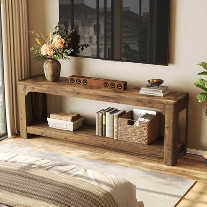 LITTLE TREE Solid Wood TV Stand with Open Storage Shelves, Farmhouse TV Stand for 65-Inch TV, Mid Century Modern TV Stand for Living Room, Bedroom - 63" Rustic Brown