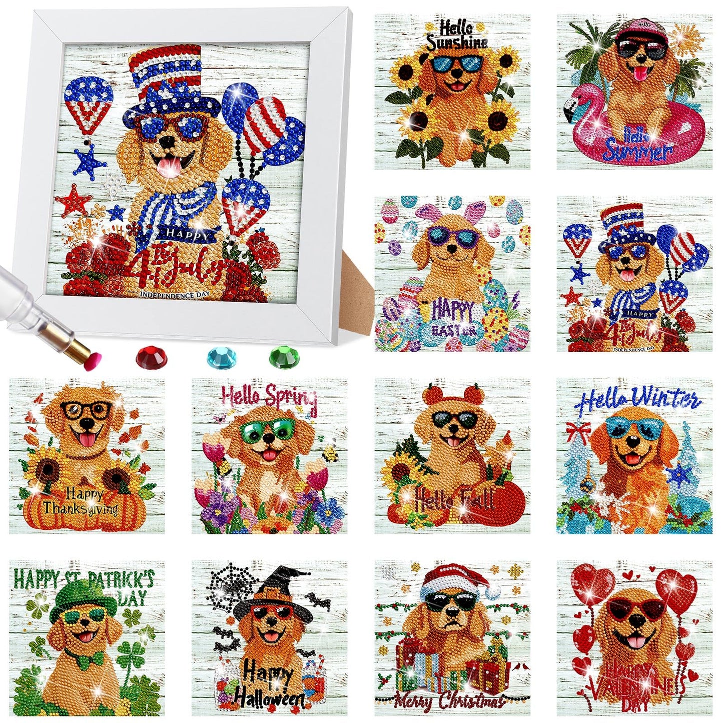 Trandraft 13 Pcs Interchangeable Holiday Diamond Art Kits for Adults 5D Framed Seasonal DIY Diamond Paint with Full Drill Gems for Beginner Monthly Table Craft Gift Decor (Dog Style)