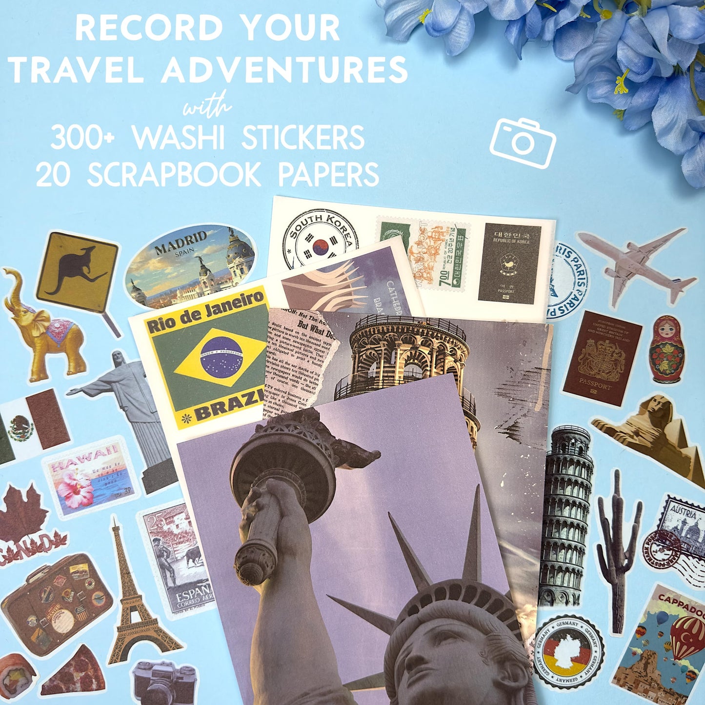 Fayware 300+ Travel Stickers for Scrapbooking & 20 A5 Papers - Pre-Cut Washi Stickers for Journaling, Vintage Travel Scrapbooking Supplies, Junk Journals Stickers