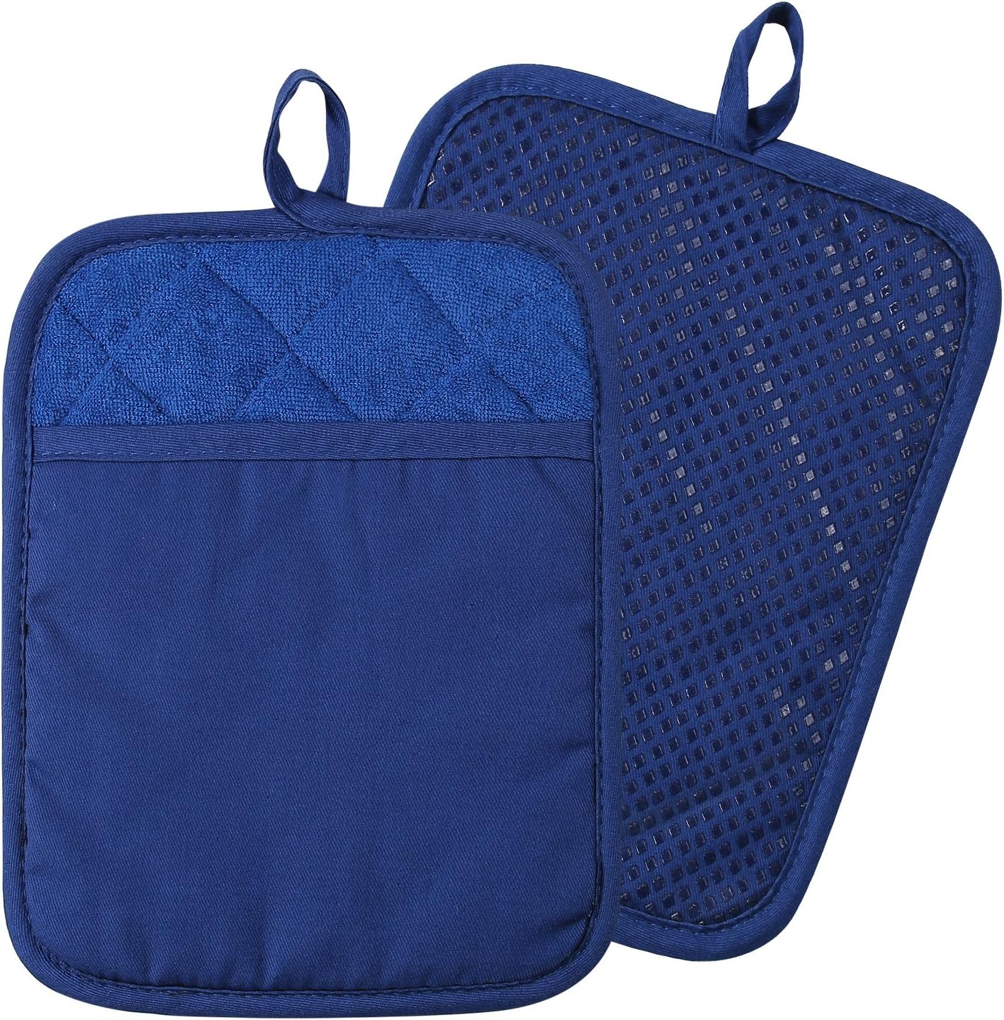 100% Cotton with Silicone Kitchen Pot Holder, Heat Resistant Coaster Potholder Oven Mitts Set of 2 Blue
