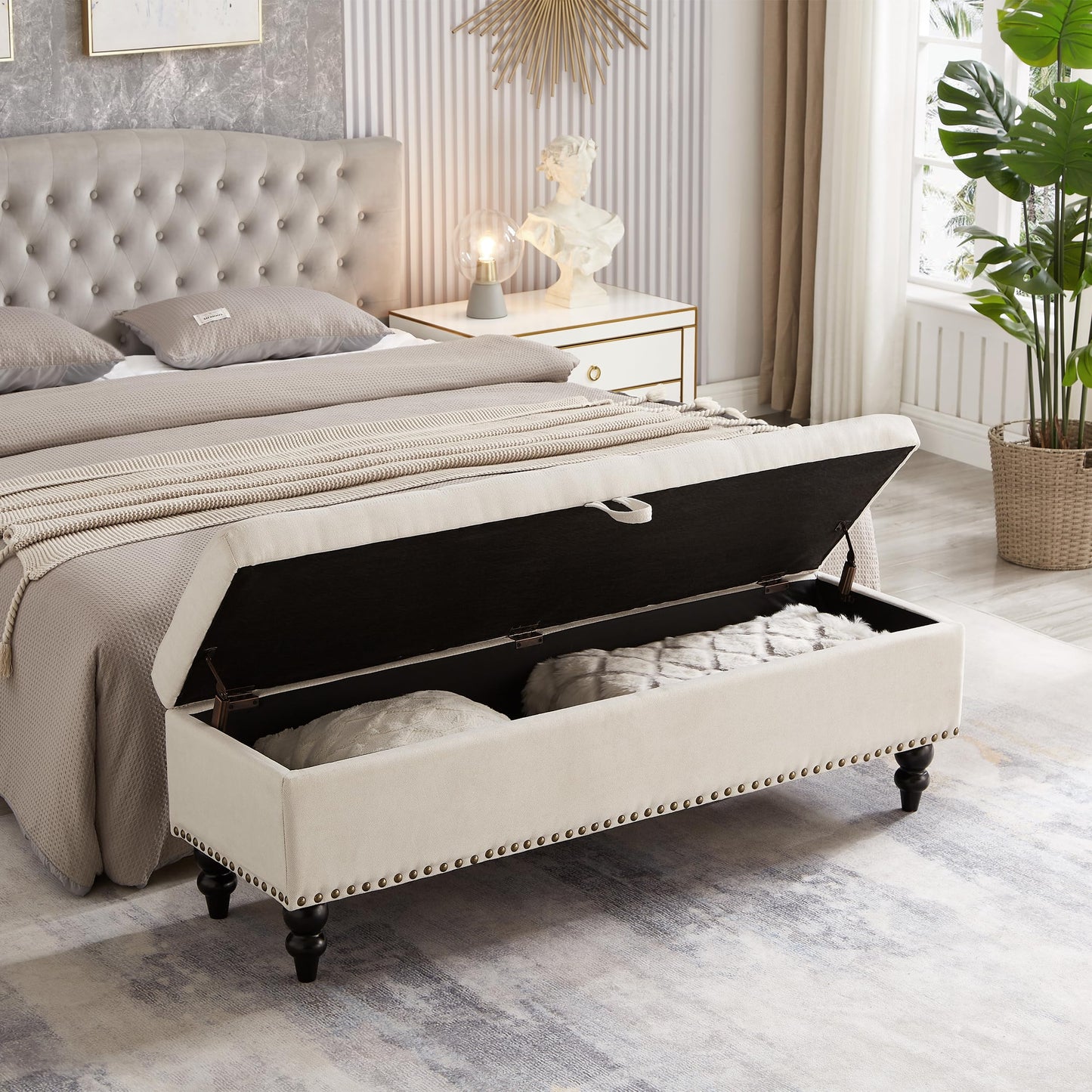 GDFStudio 59" Mid-Century Modern Rectangle Storage Ottoman Bench, Button Tufted Lift-Top Linen Ottoman Foot Rest with Solid Legs and Nailhead Trim, Upholstered Oversized Pouf for Living Room, Beige