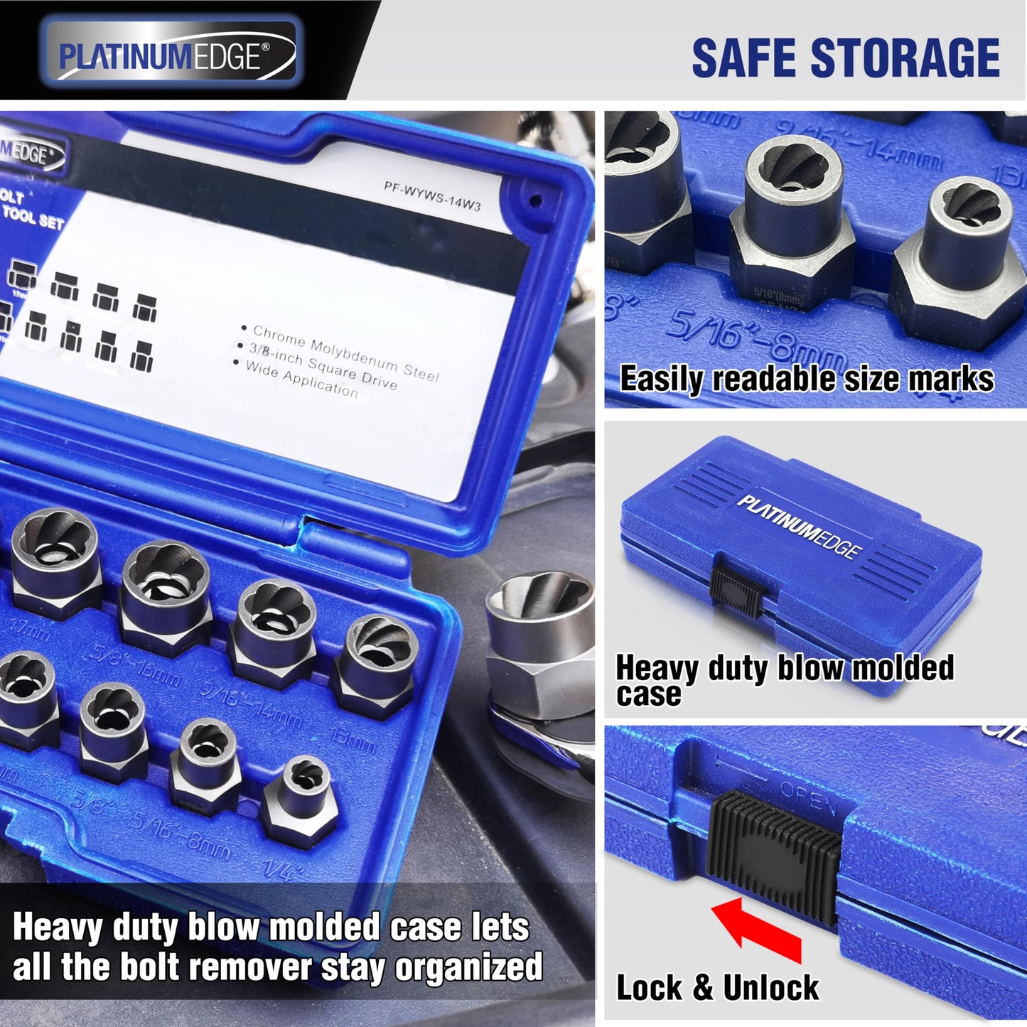 PLATINUMEDGE 13 Pieces Impact Bolt & Nut Remover Set, Stripped Bolt Extractor Set, Cr-Mo Extraction Tool Set with Solid Storage Case, Easy Out Rusted Rounded Damaged Nuts and Bolts