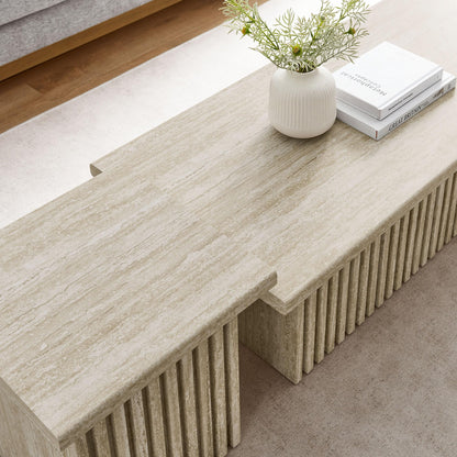Modway Render Faux Travertine Slatted Nesting Coffee Table Set in Travertine - 2 Piece Low Profile Coffee Table Mid Century Modern - Abstract Coffee Tables for Living Room - Nested Accent Tables