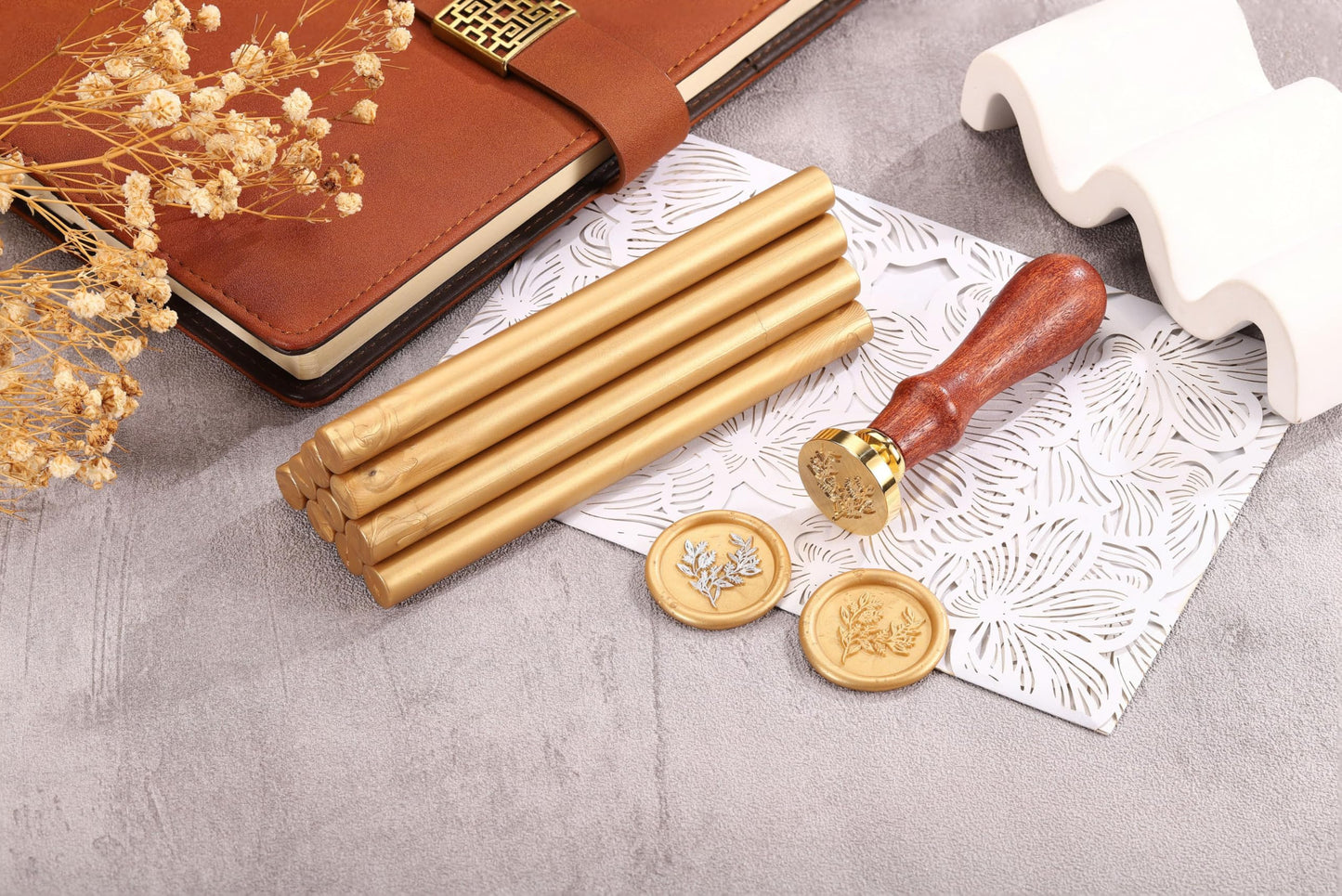 Yoption Wax Seal Kit, Eucalyptus Wax Seal Stamp, 10pcs Light Gold Glue Gun Sealing Wax Sticks and 1 Pen for Christmas Cards, Wedding, Gift, Wine Packages