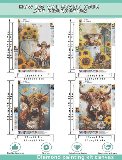 EWJRNSF 5D Diamond Painting Kits for Adults Beginners, Diamond Arts Kits Diamond Art Sets,Gem Painting Arts & Crafts Home Wall Decoration 11.8x15.7 Inches 4 Pack Highland Cow