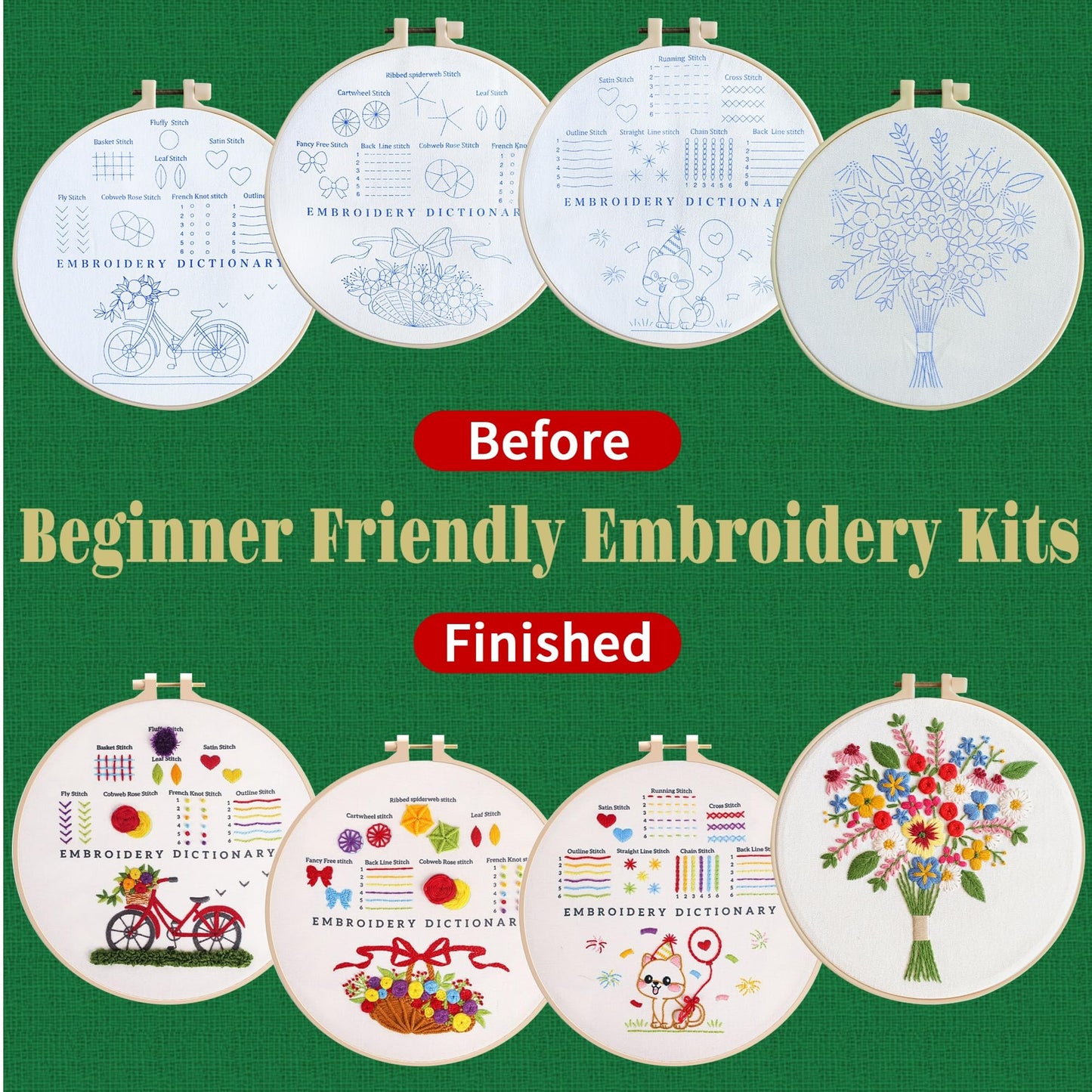 CornerLife 4 Pack Embroidery Kit for Beginners Adults, Hand Embroidery Kits with Pre-Stamped Floral Patterns and Instructions, Adjustable Hoop, Needlepoint Starter Kit DIY Art Crafts Gift (Flower A)