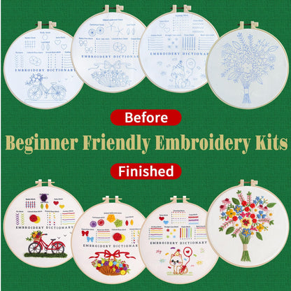 CornerLife 4 Pack Embroidery Kit for Beginners Adults, Hand Embroidery Kits with Pre-Stamped Floral Patterns and Instructions, Adjustable Hoop, Needlepoint Starter Kit DIY Art Crafts Gift (Flower A)