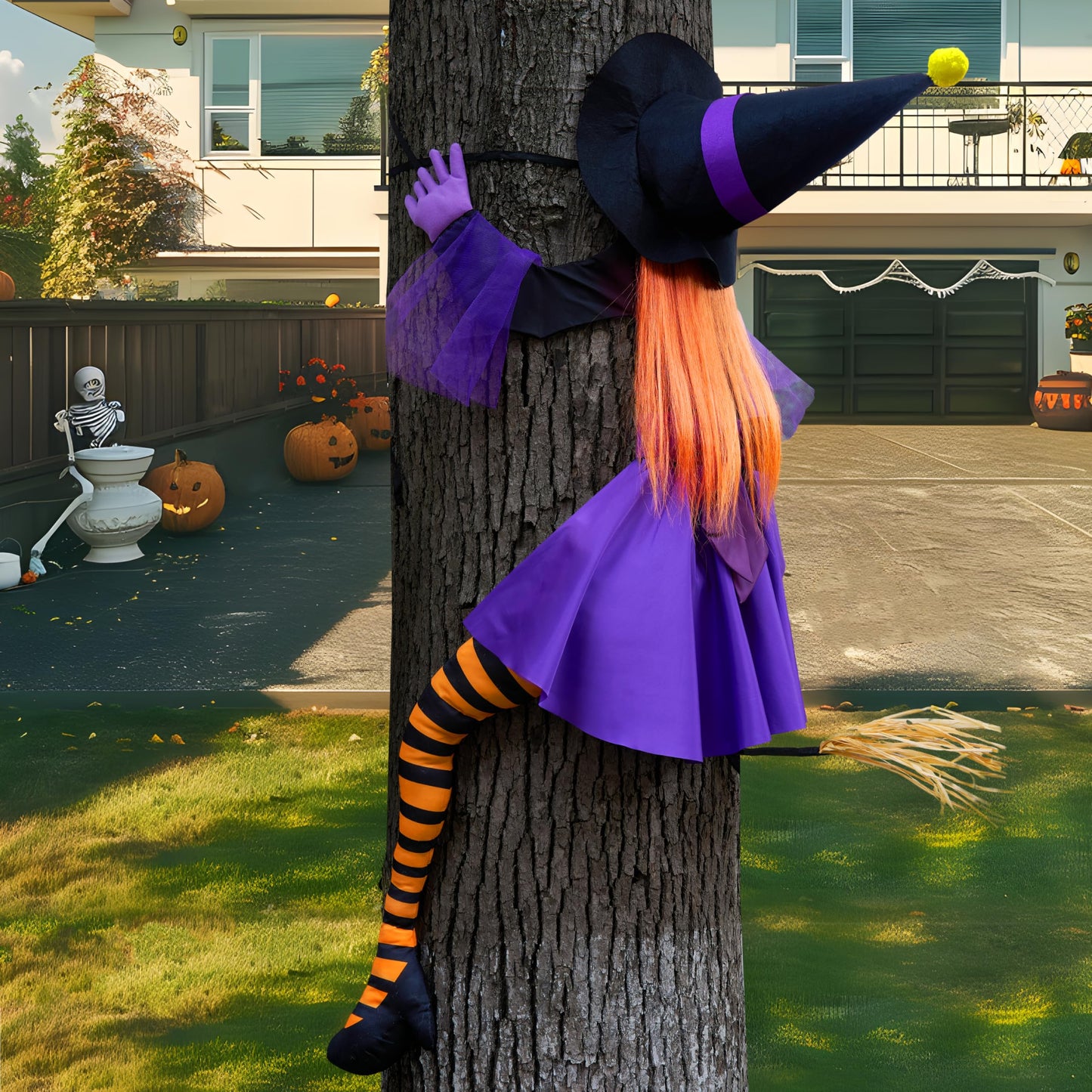 JOYIN 55'' Crashing Witch Halloween Tree Decorations Outdoor, Flying Witch on Broom Hanging Decorations for Yard, Porch, Door, Lawn, Haunted House Prop