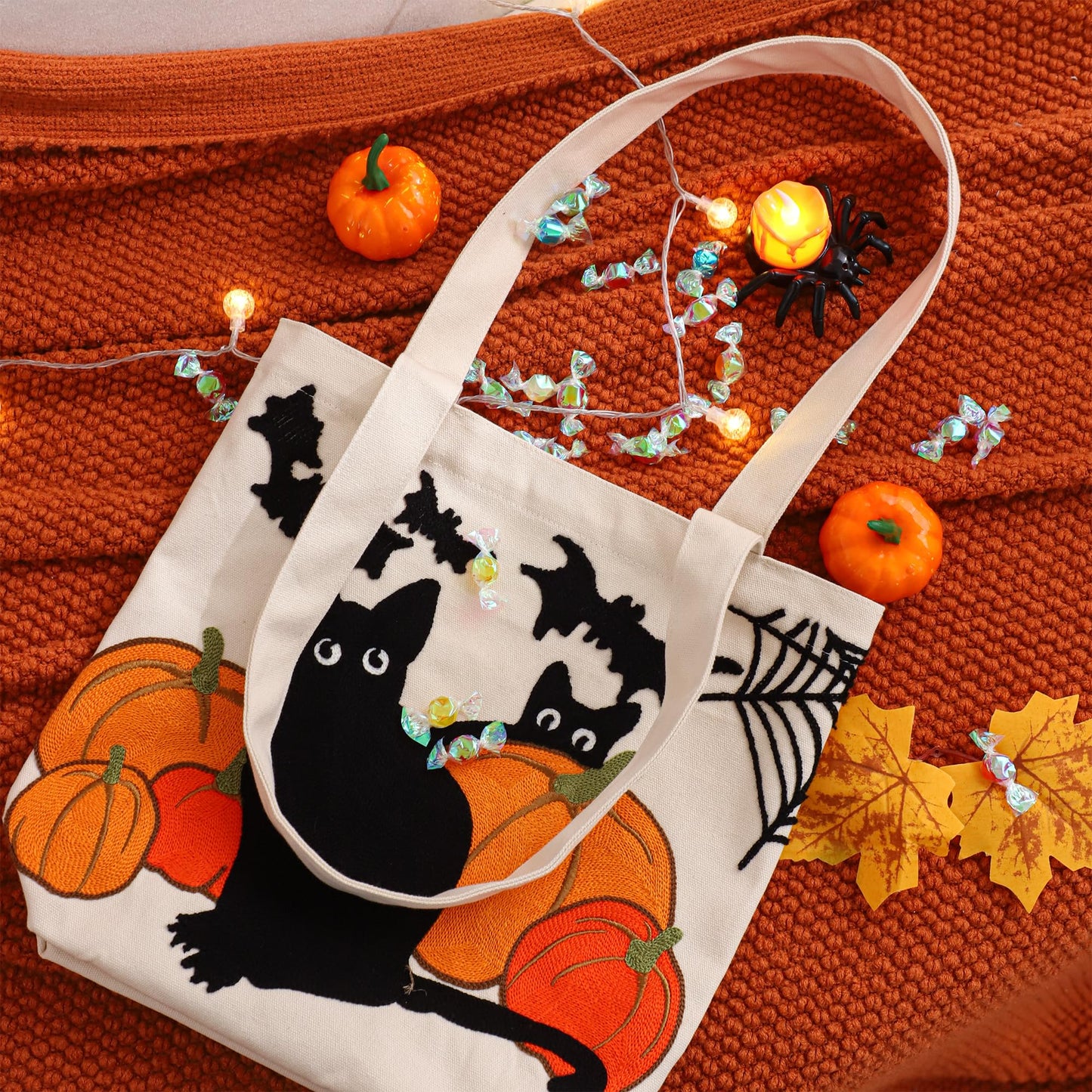 Perseverance Trade Trick or Treat Bag Halloween Candy Tote Bag 13"x13.78" with Embroidered Pumpkins and Black Cats Cute Reusable Canvas Bag for Halloween Party Gift Grocery Shopping
