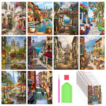 Stalente Diamond Painting Kits for Adults, 10 Pack 5D Diamond Art Kits for Beginners Round Full Drill Diamond Painting for Home Wall Decoration Gift 12×16inch, Street Landscape