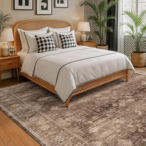 Hazo Haus Boho Taupe Living Room Rug - Vintage Traditional Oriental Design, Washable 7x10 Area Rug