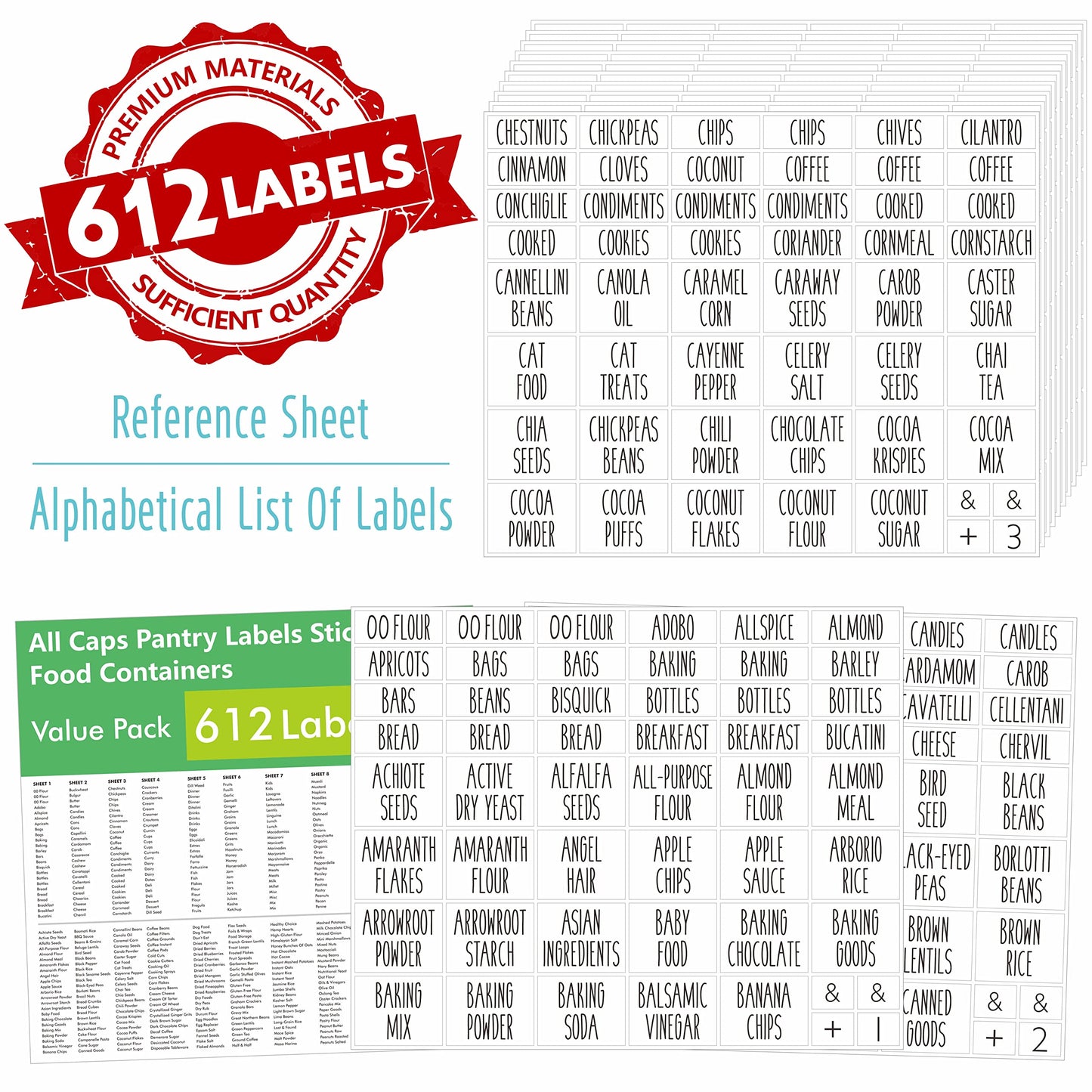 Hebayy 612 All Caps Minimalist Pantry Food Labels, Herb Spice Seasoning Oil Stickers, Plus 51 Blank Ones, Waterproof, Oil & Tear Resistant, No Residue, Expand Version for Kitchen Containers Jars