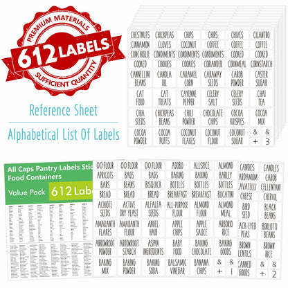 Hebayy 612 All Caps Minimalist Pantry Food Labels, Herb Spice Seasoning Oil Stickers, Plus 51 Blank Ones, Waterproof, Oil & Tear Resistant, No Residue, Expand Version for Kitchen Containers Jars