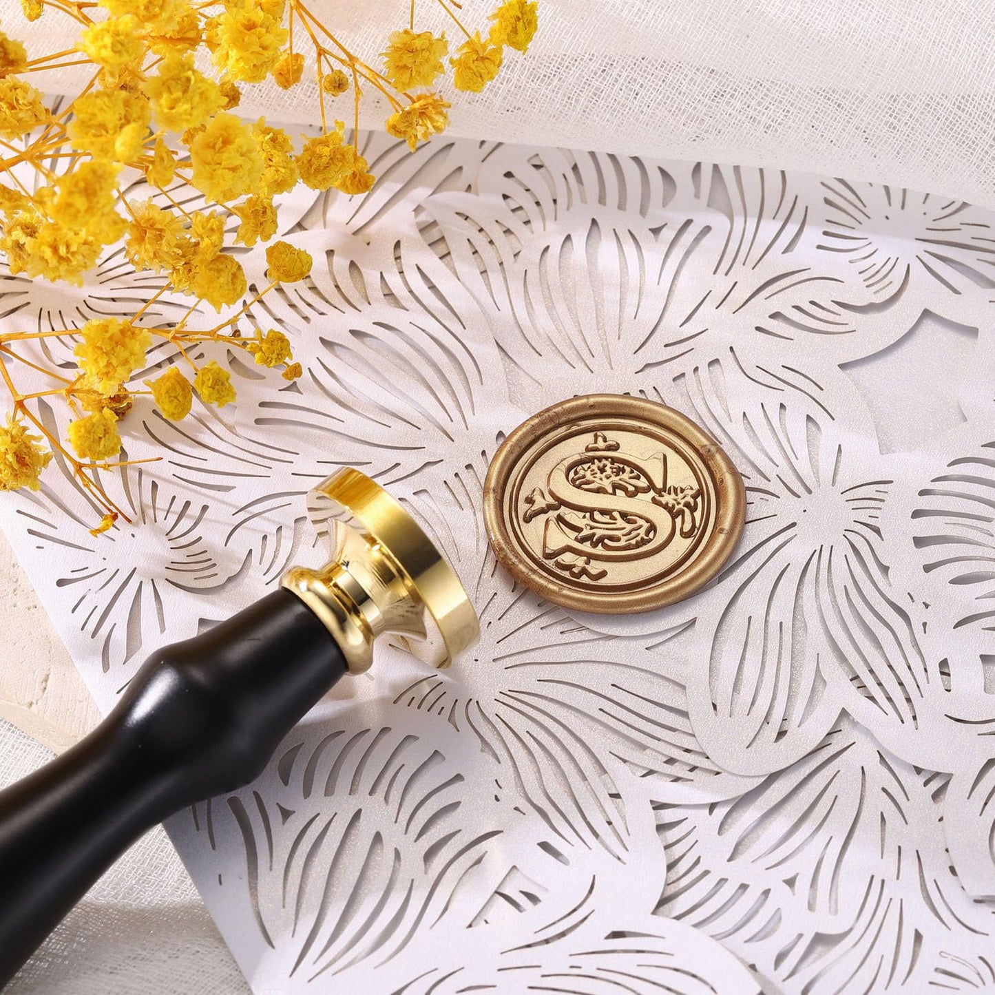 Yoption Traditional Initial Alphabet Wax Seal Stamp with 120 Antique Gold Wax Seal Beads Kit for Wedding Engagement Party Invitation Envelope Christmas Gift Wrap - Letter S