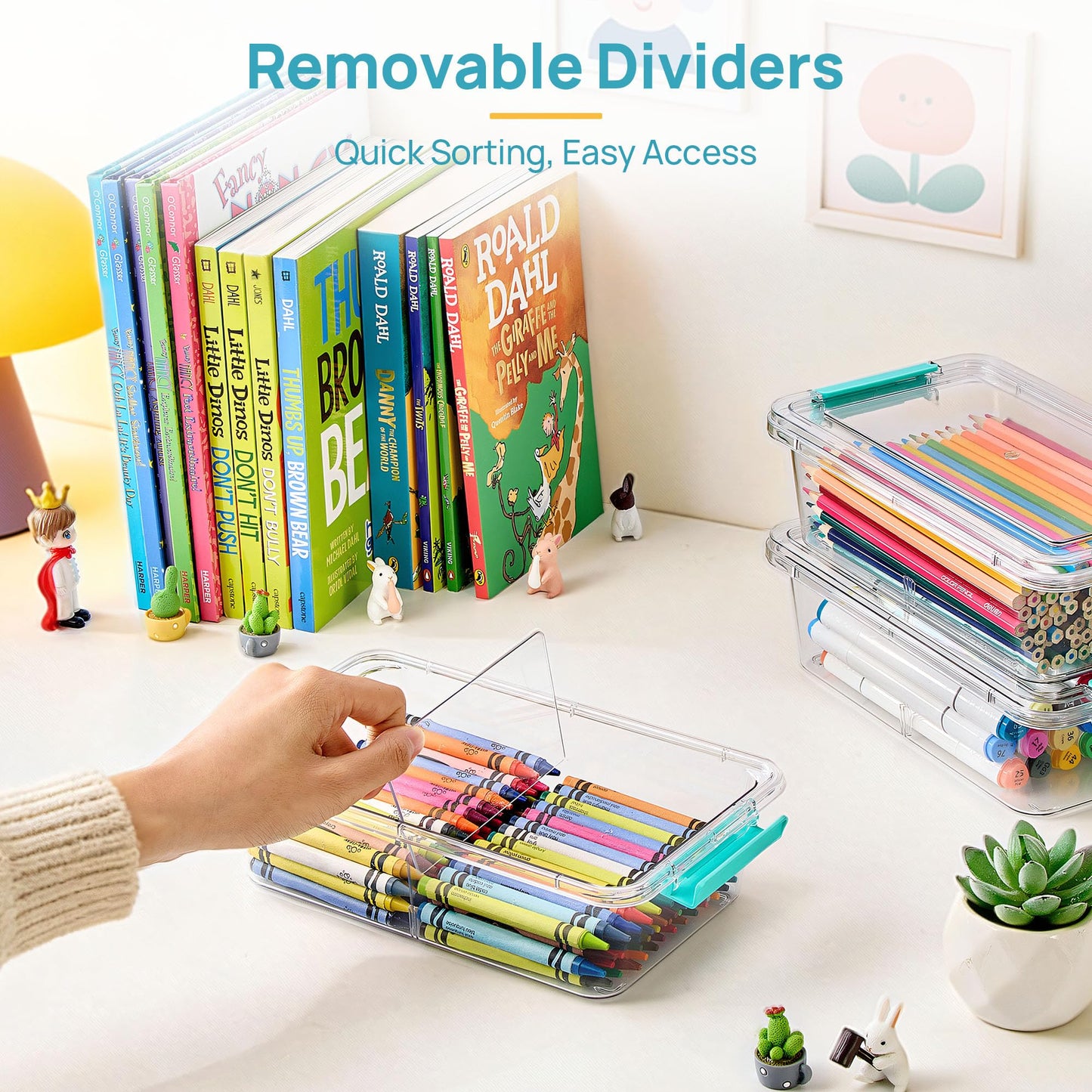 Vtopmart 8 Pack 1.5Qt Clear Pencil Box with Removable Divider, Plastic Pencil Case Crayon Box, Stackable Storage Containers with Lid for Pen, Art Craft, Back to School Teacher Supplies