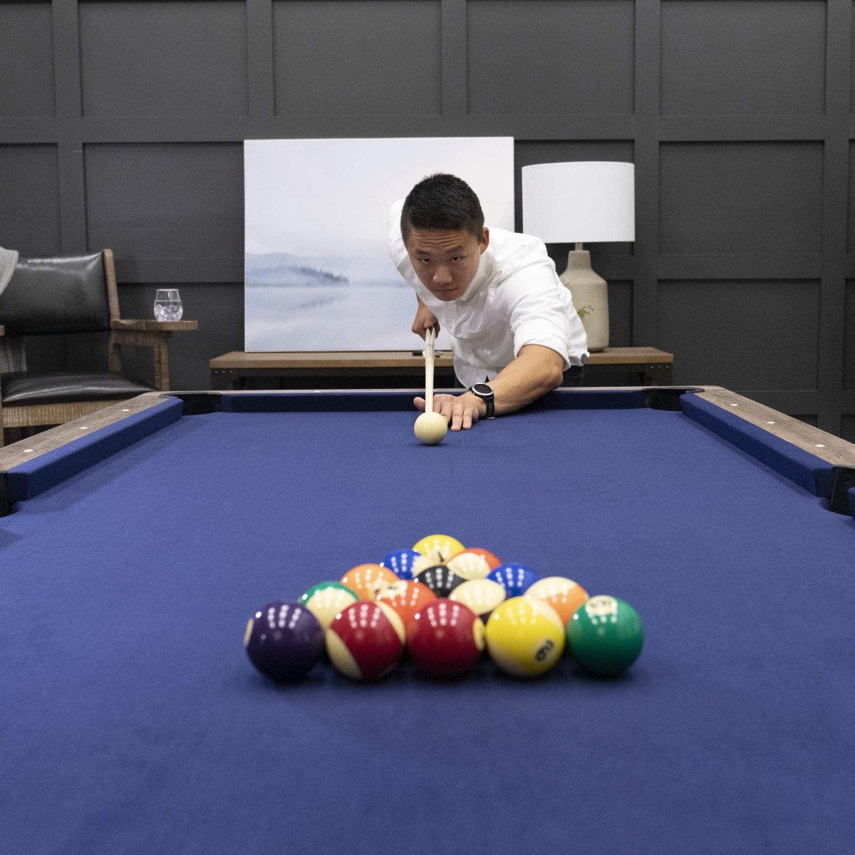 American Legend Brookdale 90” Billiard Table with Rustic Wood Finish and Navy Blue Cloth