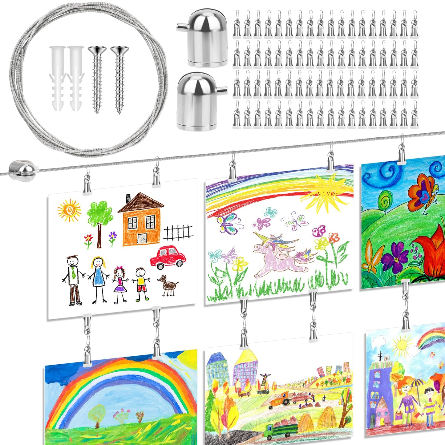 Windspeed Kids Artwork Display Wall Decor for Hanging Photo Kids Art Display for Classroom, with 118 in Alloy Steel Wire, 48P Hanging Clips