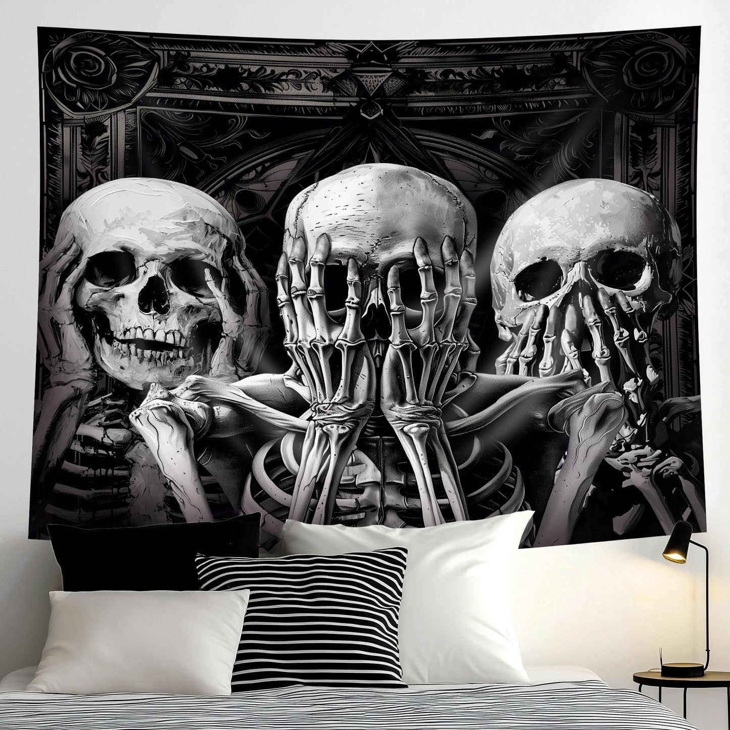 Mitpok Gothic Skull Tapestry Spooky Black Skeleton Goth Vinatge Witchy Funny Hilarious Cool Unique Wall Decor 59Hx78W Inch Halloween Wall Art Hanging Bedroom Living Room Dorm Wall Home Decor