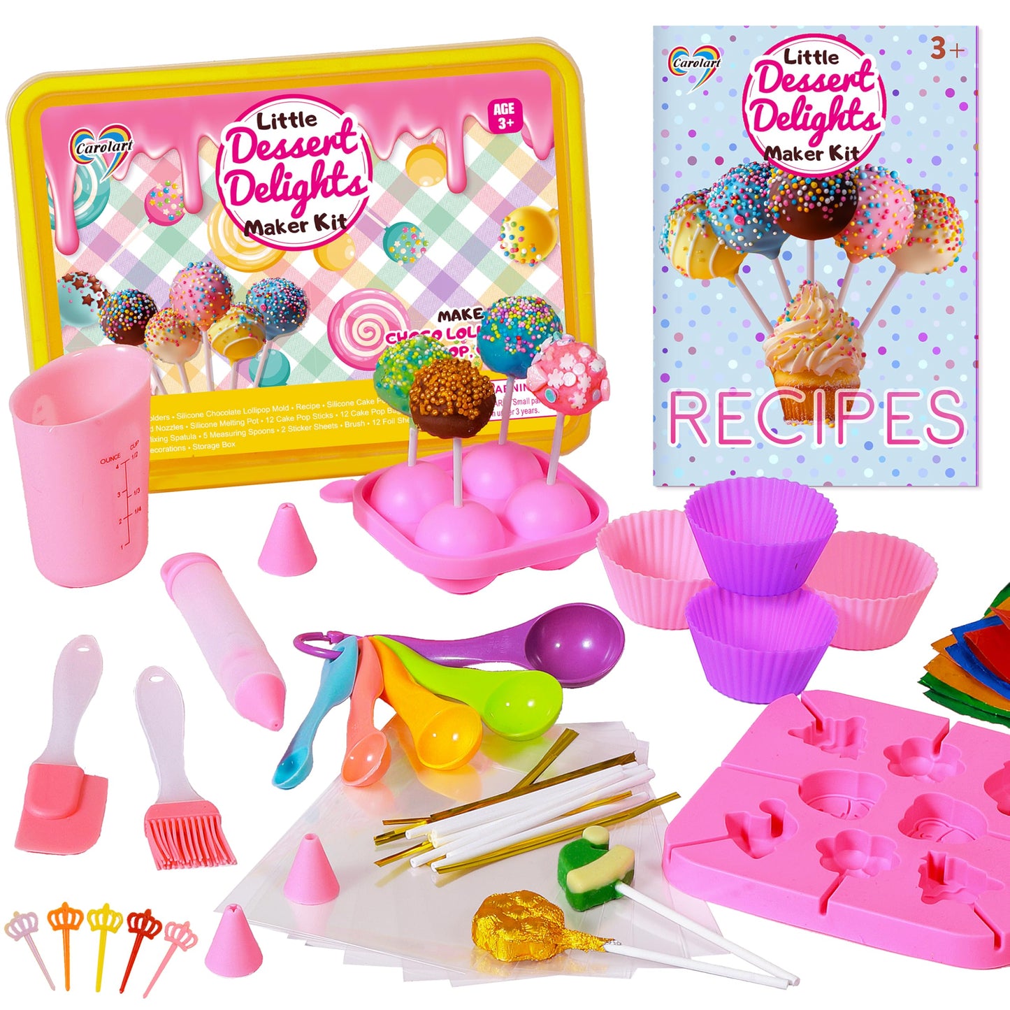Carolart Cake Pop & Chocolate Lollipop Making Kit for Kids, 76-Piece Kids Baking Set with Storage Box, Silicone Molds, Melting Pot & Recipe, Kids Baking Supplies for Girls Boys Ages 6-12