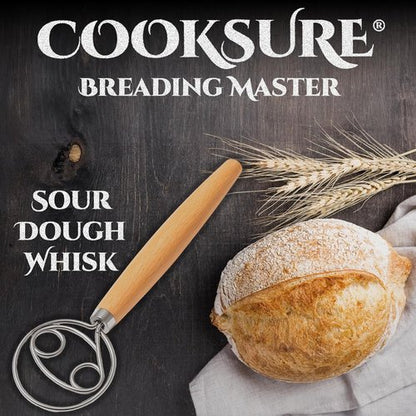 Danish Dough Whisk - 13-Inch Sourdough Bread Whisk with Wooden Handle & Stainless Steel Hook