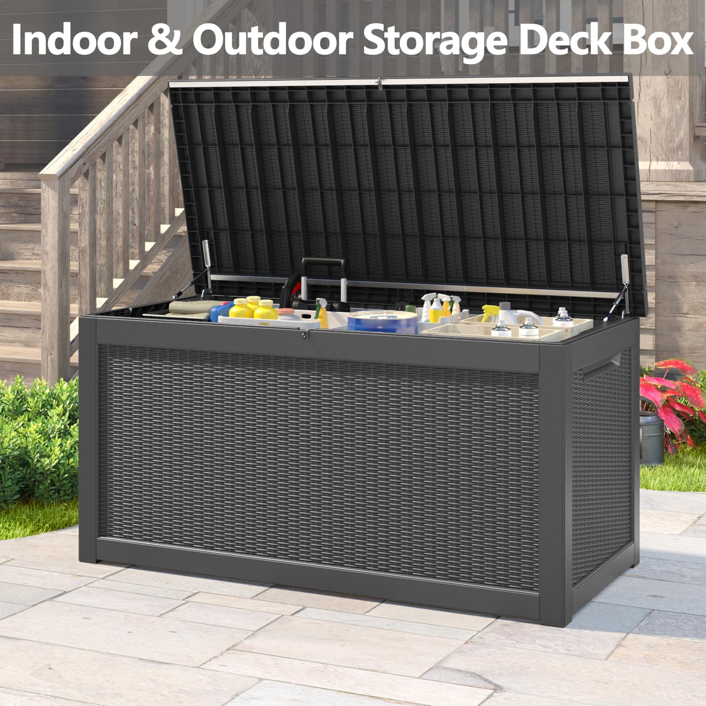 Bifanuo Outdoor Storage Box, 260 Gallon Deck Boxes Waterproof, Resin Storage Cabinet Multi Functional Storage Bench For Gardening Tools, Pool Supplies, Patio Furniture, Lockable