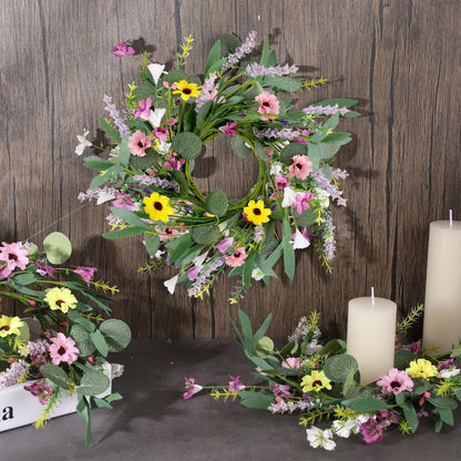 4 Pcs 9" Mini Spring Summer Flowered Wreath Floral Wedding Candle Rings Wreaths Kitchen Cabinet Wreaths with Ribbon for Pillars Wedding Table Centerpiece Farmhouse Party Home Door All Seasons Decor
