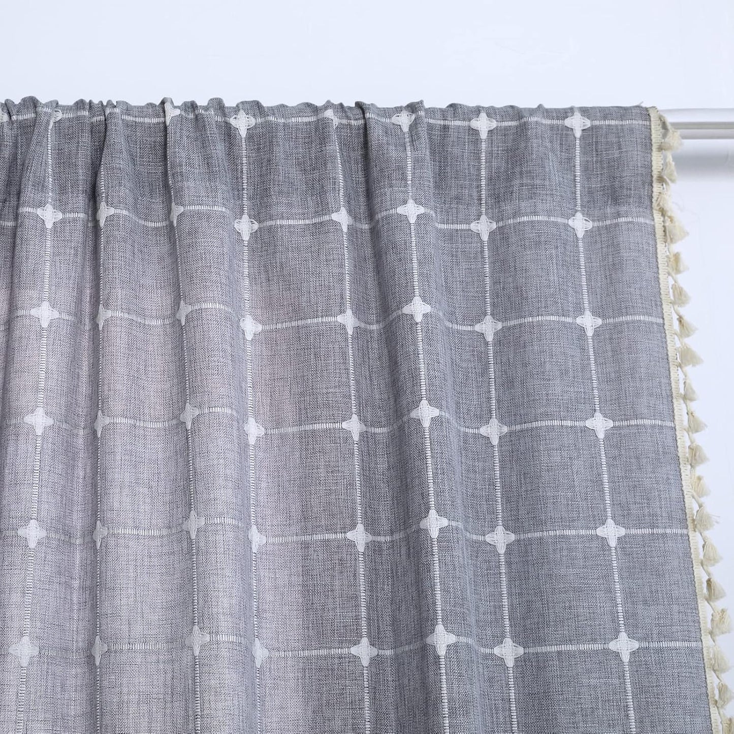 YoKii Boho Kitchen Curtains 36 Inch Length, Modern Farmhouse Cotton Linen Short Window Panel with Gingham Tassel