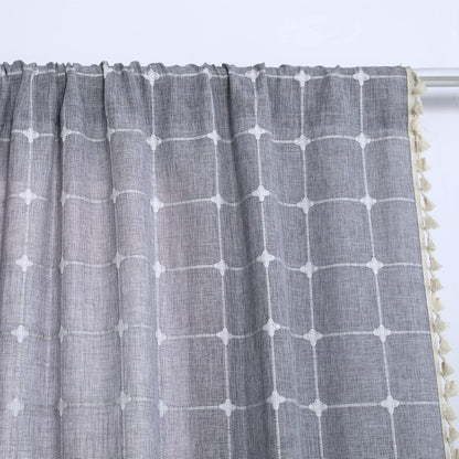 YoKii Boho Kitchen Curtains 36 Inch Length, Modern Farmhouse Cotton Linen Short Window Panel with Gingham Tassel