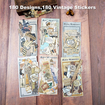 AuriicLeaf Retro Memories Vintage Scrapbook Stickers - 180pcs Aesthetic White Kraft Paper Ephemera Self-Adhesive Die-Cut Designs for Journaling Collage DIY Crafts