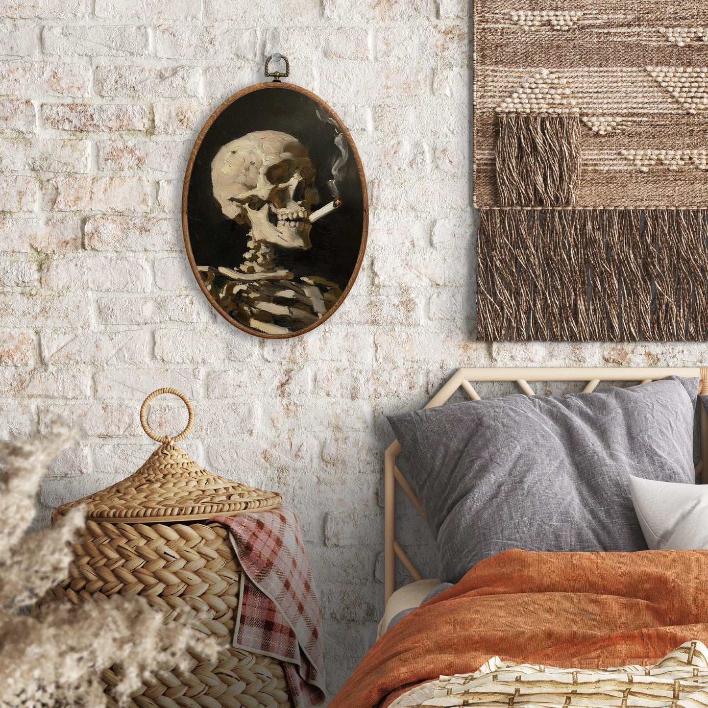 SONMYSULIL Funny Gothic Skeleton Wall Art Decor, Whimsical Goth Oval Wall Hanging Decor, Antique Moody Smoking Skeleton Framed Canvas Prints for Home Bedroom Living Room, 8.6x11.4 Inch