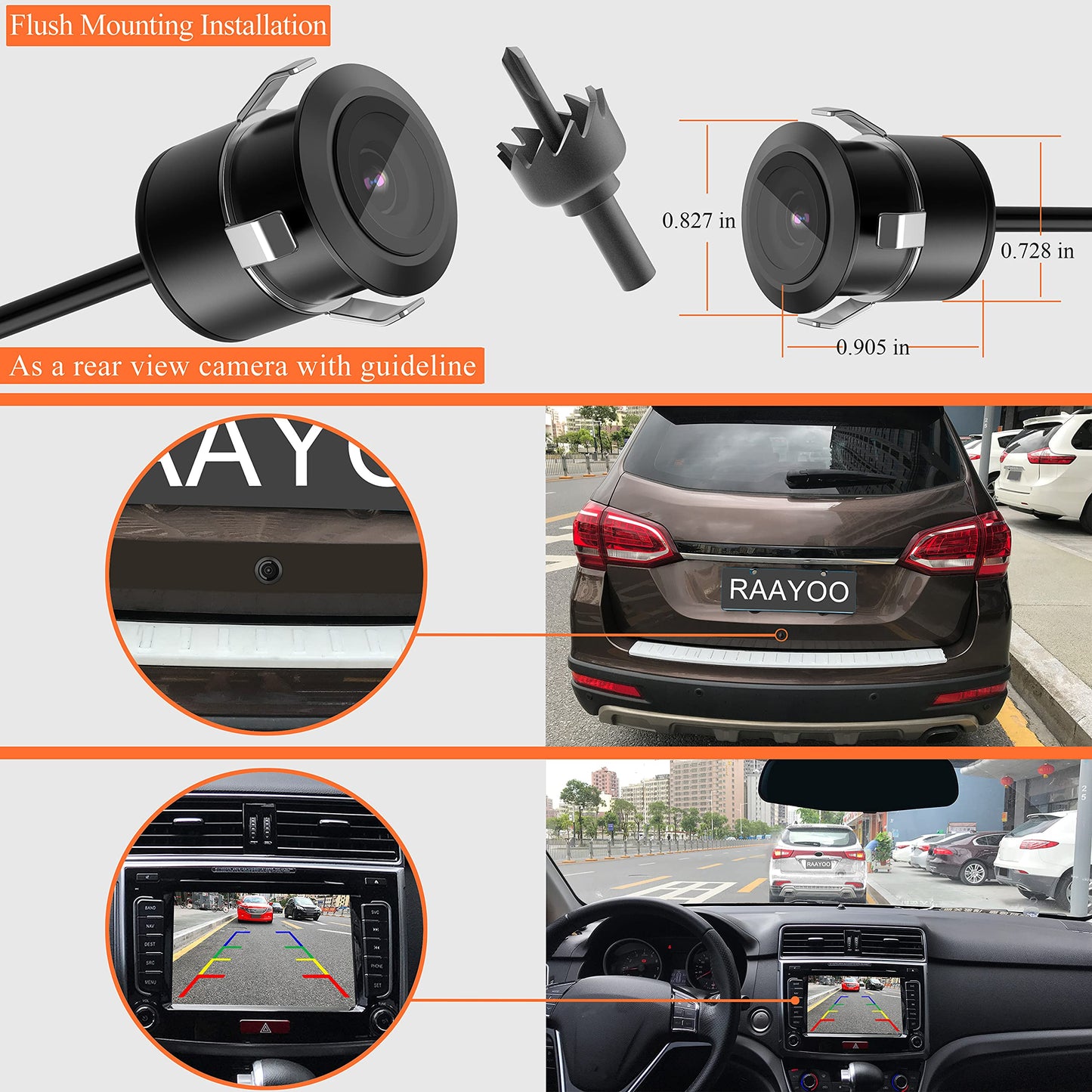 Backup Camera Flush Mount, Metal Housing 170°Wide View Angle Rear/Side/Front View Camera for Car, Clear Night Vision IP69 Waterproof Reverse Camera for Vehicle SUV RV Pickup, 18.5mm, 12V/24V, Black