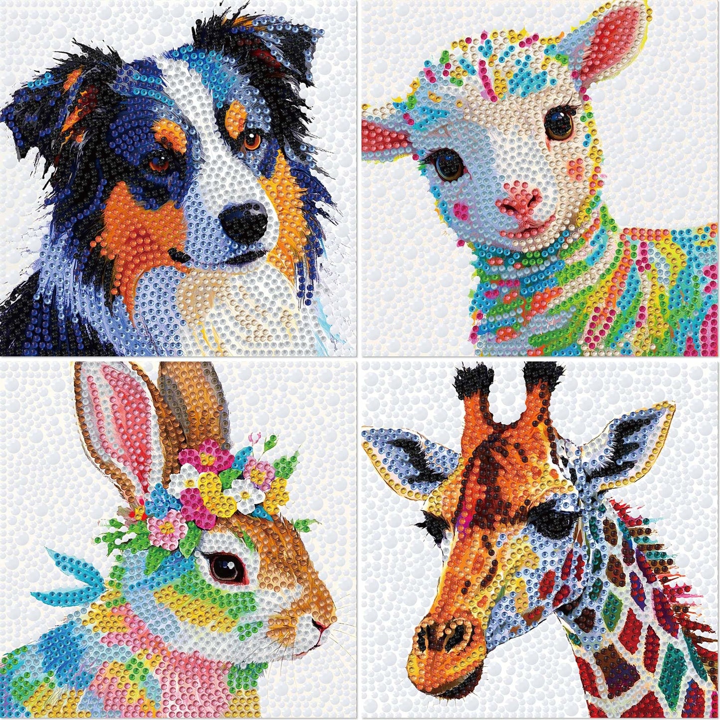 lesaonsy Animal Diamond Painting Kit for Kids, 4-Pack Set Diamond Art Kits for Boys & Girls, Gem Art DIY Craft -Dog, Lamb, Bunny, Giraffe