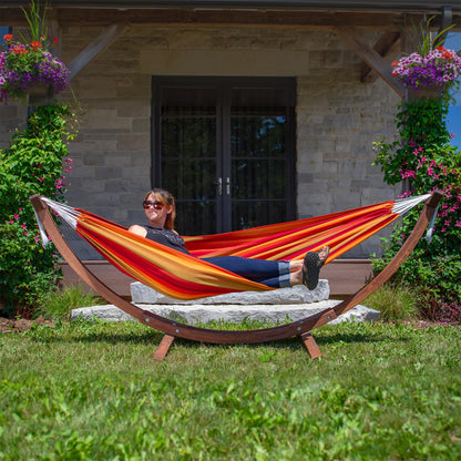 Vivere Fade and Weather-Resitant Brazilian Hammock with Solid Pine Arc Stand - 450 lb Weight Capacity