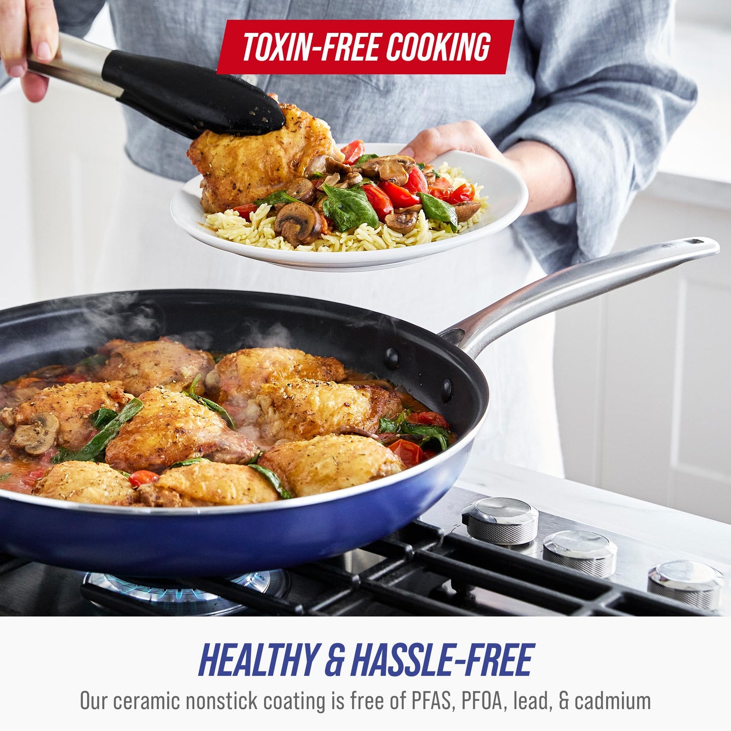 Blue Diamond 9.5” & 11" Nonstick Frying Pan Skillet Set, Diamond Infused PFAS & PTFE-Free Ceramic Pots & Pans, Dishwasher & Oven Safe, Stay Cool Handles, Durable Non Toxic Metal Utensil Safe, Blue