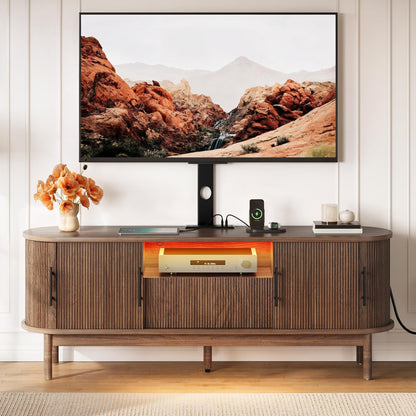 YITAHOME TV Stand with Mount and Power Outlet, Modern Entertainment Center with 3 Height Adjustment TV Mount for 32-70 inch TVs, LED Fluted TV Media Console with Sliding Doors, Curved Profile Design